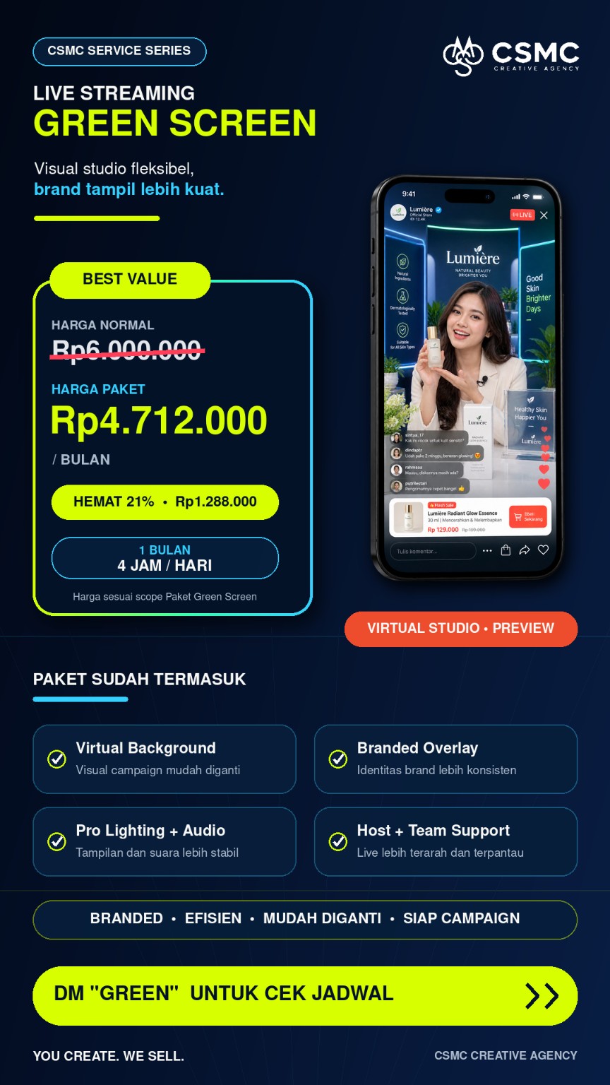 Pricelist Live Streaming Green Screen: Rp4.712.000 per bulan