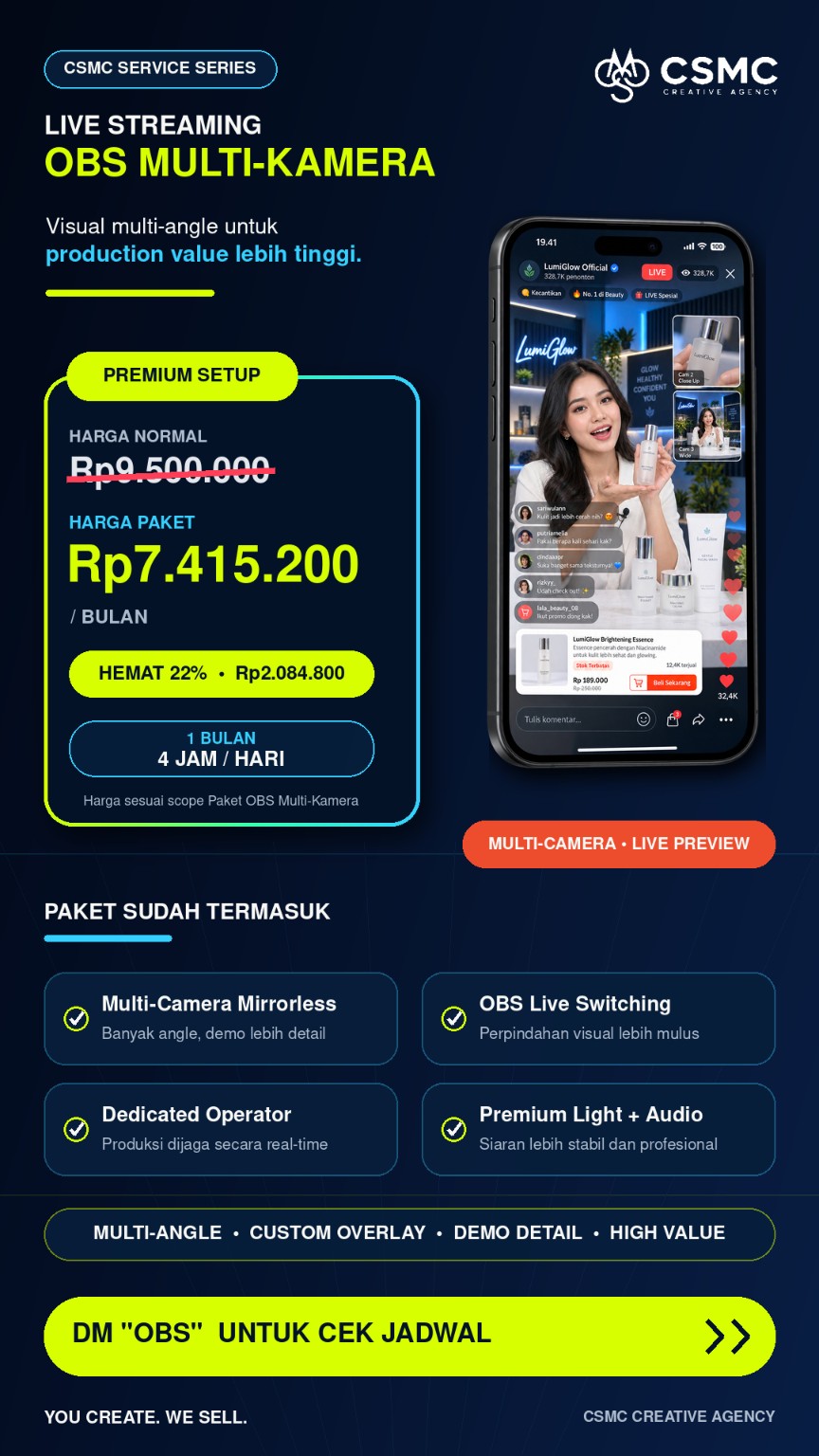 Pricelist Live Streaming OBS Multi-Kamera: Rp7.415.200 per bulan