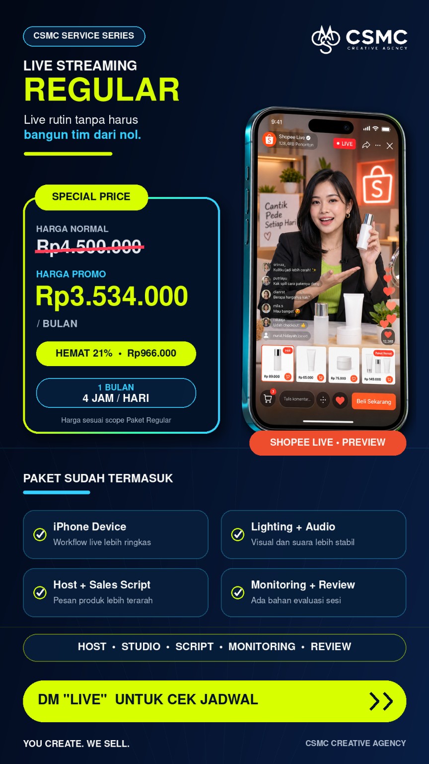 Pricelist Live Streaming Regular: Rp3.534.000 per bulan