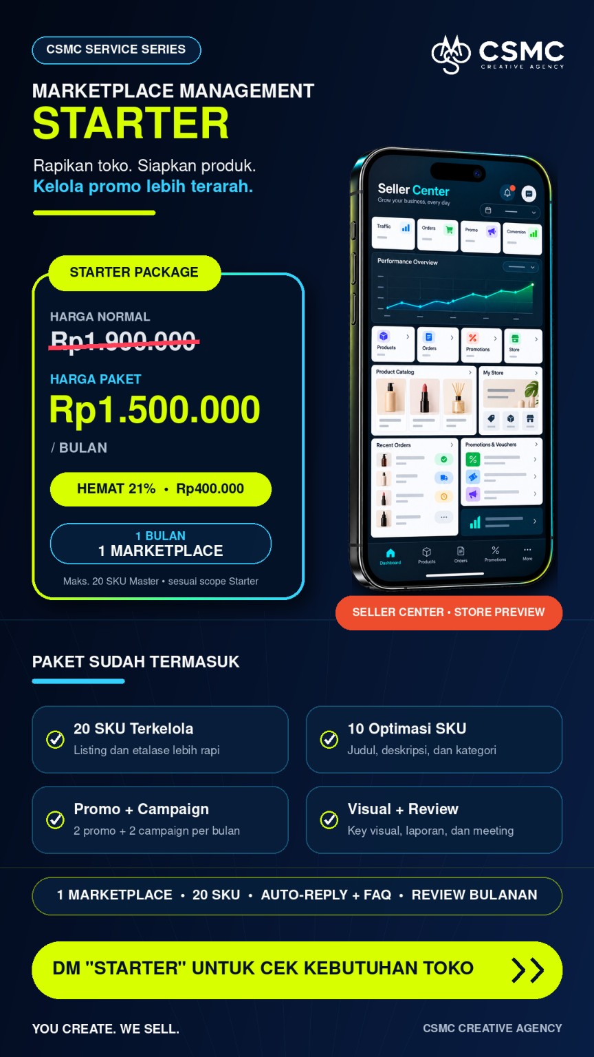 Pricelist Marketplace Management Starter: Rp1.500.000 per bulan